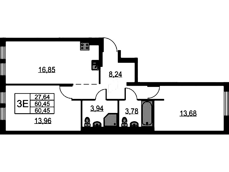 2-комнатная квартира 60.45 м², 8/15 эт., ЖК «Невская Долина»